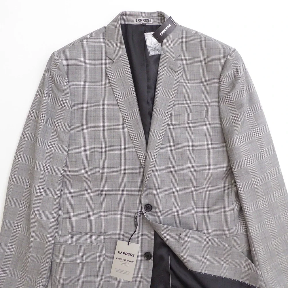 Express Mens Suit Jacket Gray Glen Plaid Wool Blend Photographer Fitted 42L
